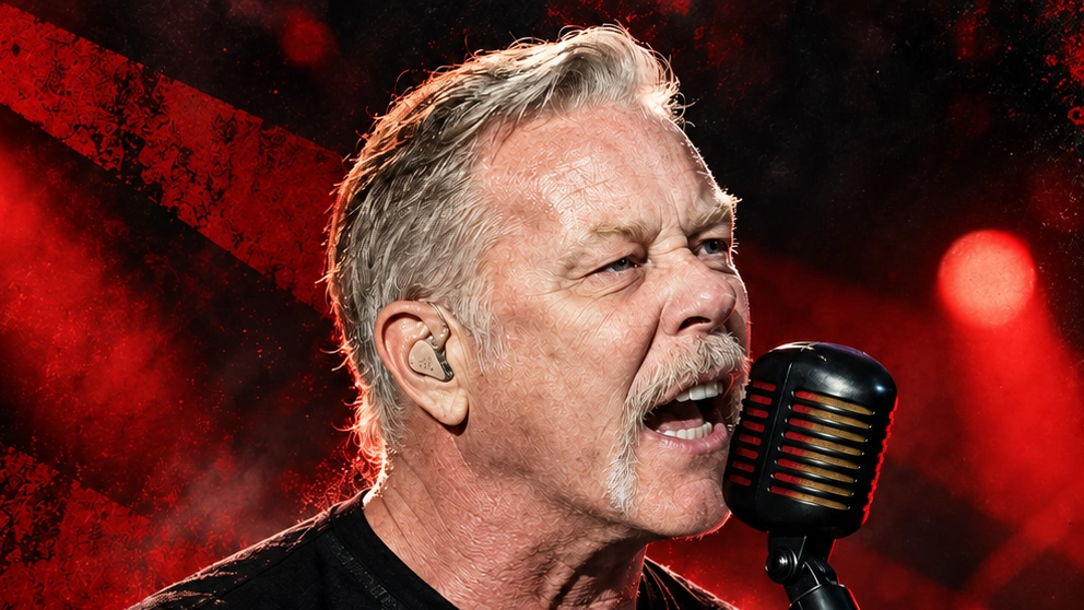 Original editorial illustration of James Hetfield singing into a microphone.