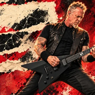 Editorial illustration of James Hetfield in his 2017 career era playing a black ESP Vulture guitar, accompanying Metallica’s October 28 history item.