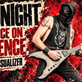 Illustrated masked Midnight guitarist with a grey electric guitar and the words Violence on Violence, New Live Visualizer.