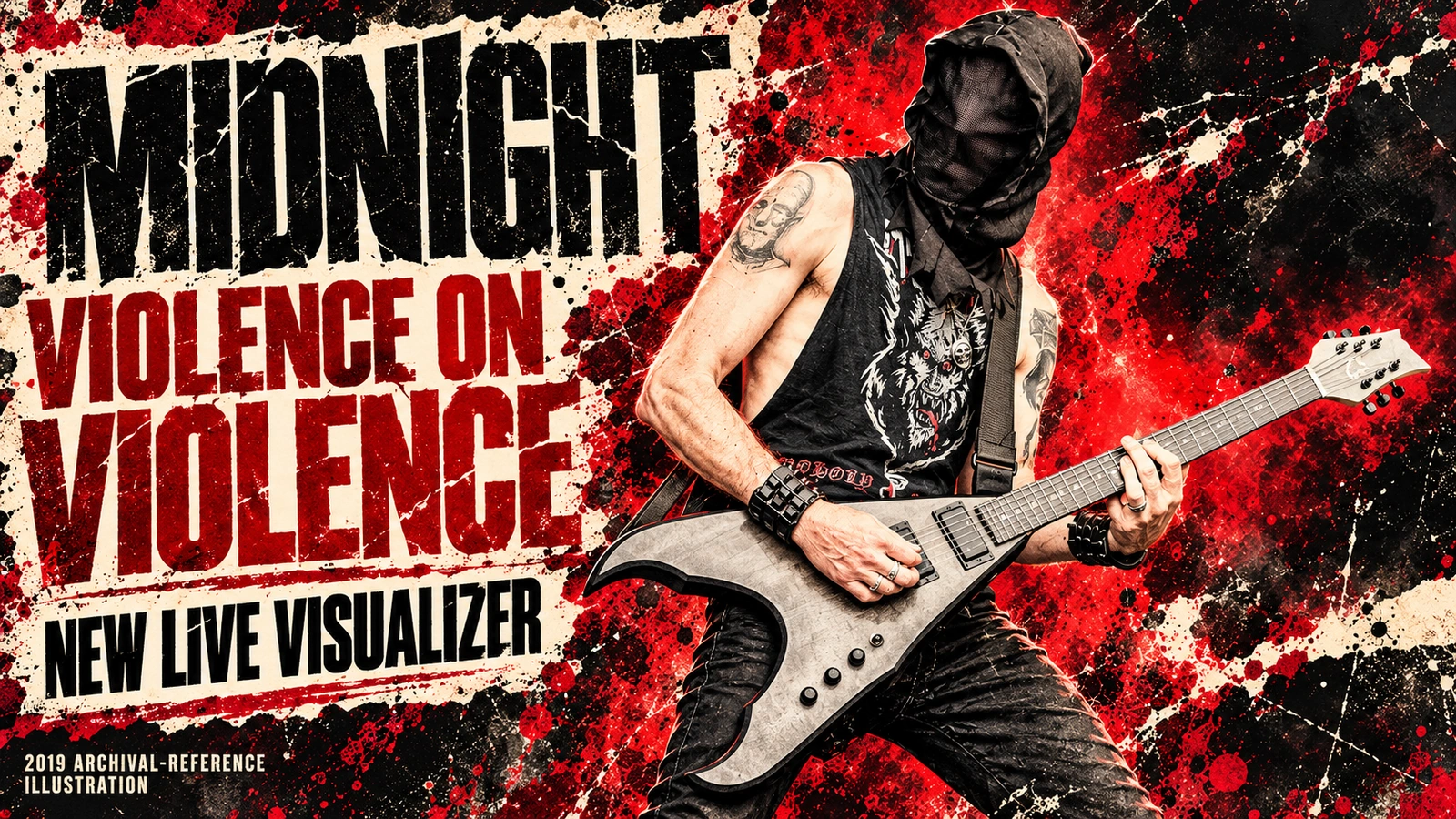Illustrated masked Midnight guitarist with a grey electric guitar and the words Violence on Violence, New Live Visualizer.
