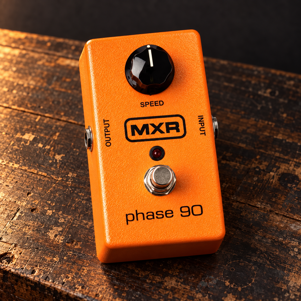 AI-generated model illustration of an orange MXR M101 Phase 90 with one Speed knob, block logo, red LED and silver footswitch.
