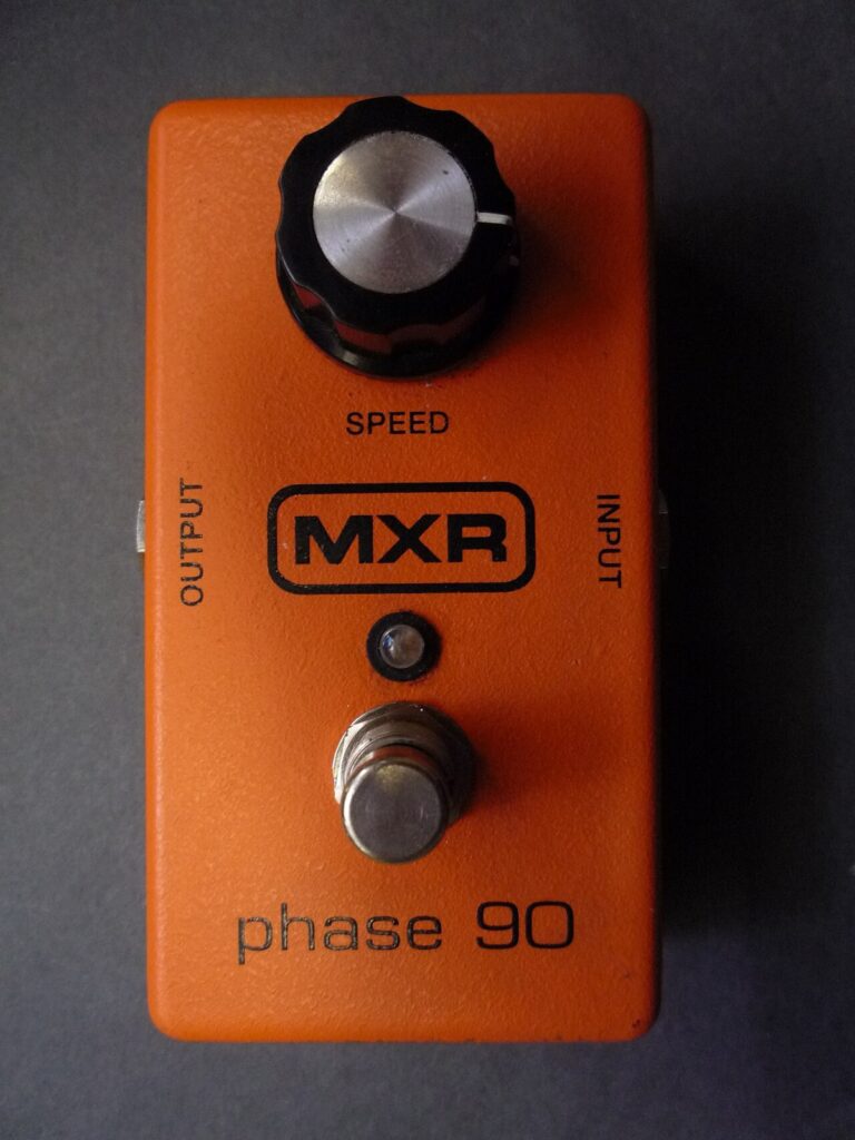 An MXR M-101 Phase 90 phaser pedal, top view.