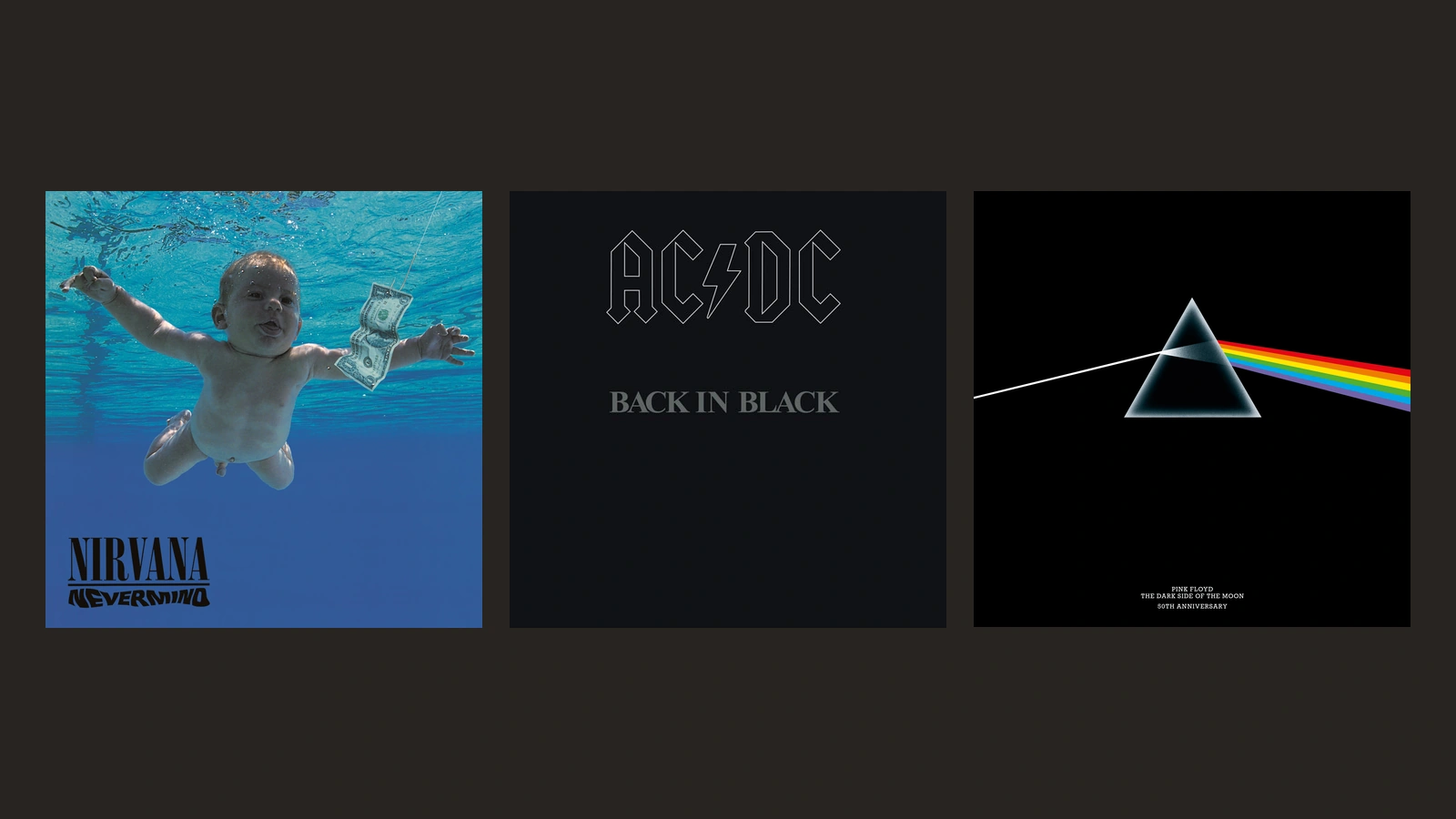 Original artwork for Nirvana’s Nevermind, AC/DC’s Back In Black and Pink Floyd’s The Dark Side of the Moon 50th-anniversary edition.