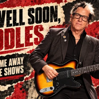 Editorial illustration of Noodles holding a sunburst Ibanez NDM5 guitar, with a get-well message.
