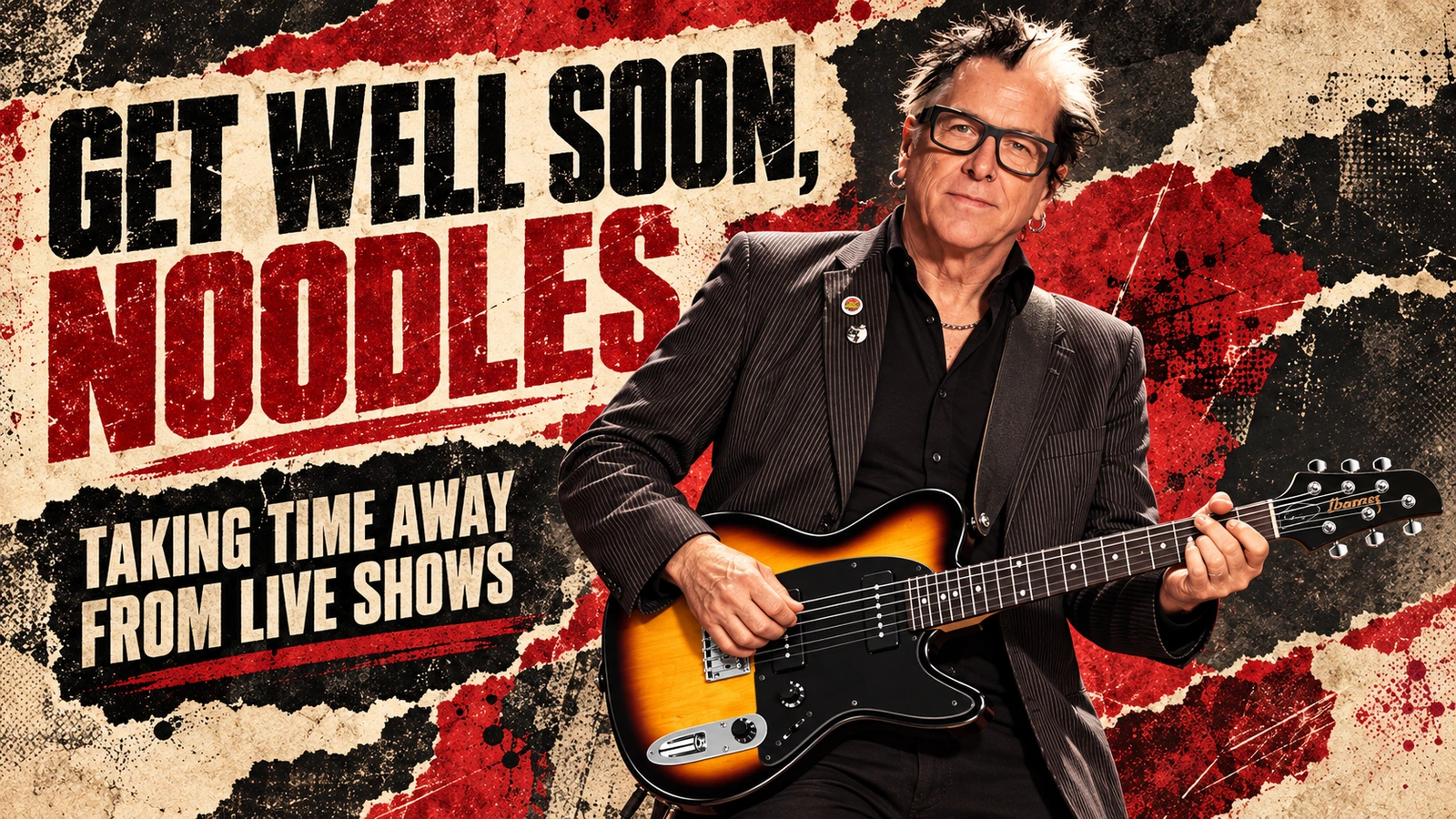 Editorial illustration of Noodles holding a sunburst Ibanez NDM5 guitar, with a get-well message.