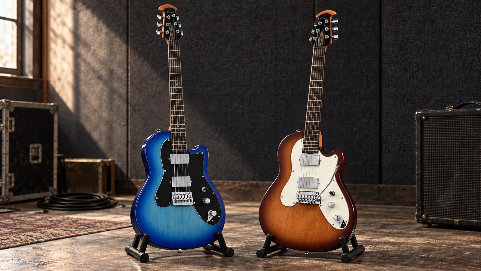 Editorial illustration of two Ovation Viper electric guitars: Blue Burst with a hardtail bridge and Honey Burst with a tremolo bridge.