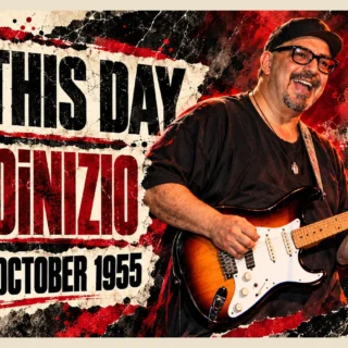 Editorial illustration of Pat DiNizio with an electric guitar, based on an archival reference.