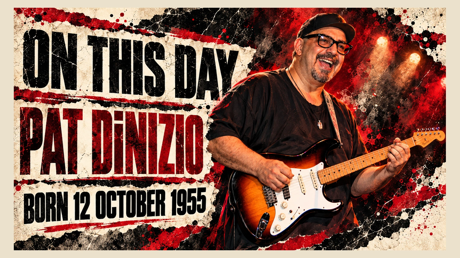 Editorial illustration of Pat DiNizio with an electric guitar, based on an archival reference.