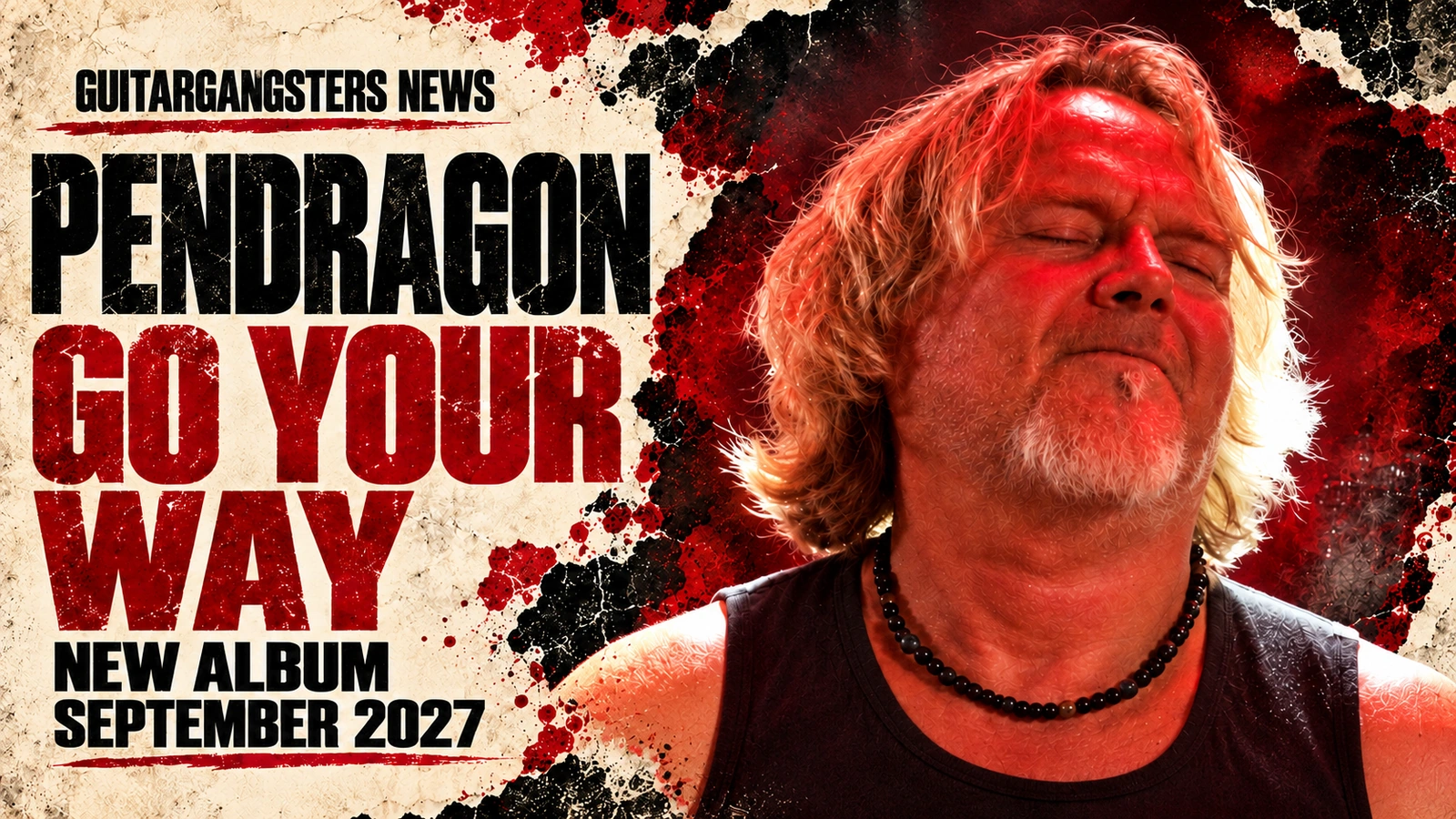 AI-assisted editorial portrait of Nick Barrett with Pendragon Go Your Way and 2027 tour headlines.