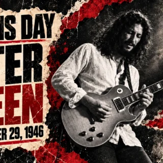 Editorial illustration of Peter Green playing a single-cut electric guitar, with October 29 birth-anniversary lettering.