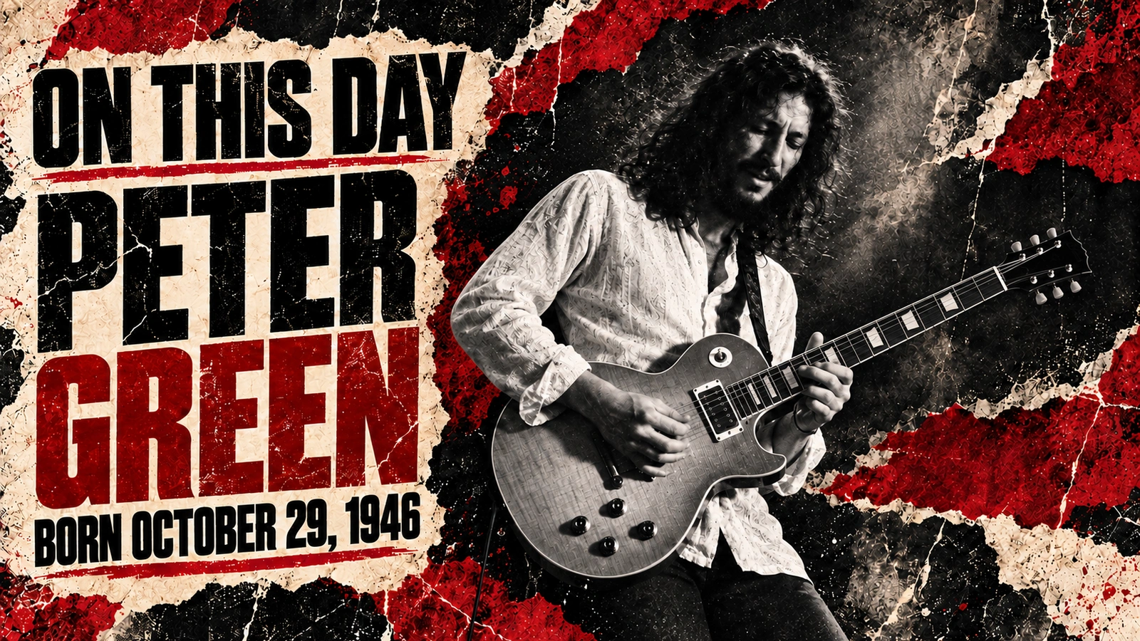 Editorial illustration of Peter Green playing a single-cut electric guitar, with October 29 birth-anniversary lettering.