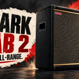 Editorial illustration of the Positive Grid Spark CAB 2 powered guitar cabinet.