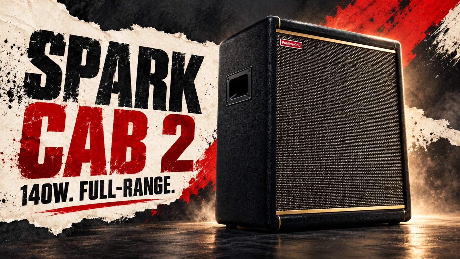 Editorial illustration of the Positive Grid Spark CAB 2 powered guitar cabinet.
