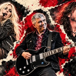 AI-assisted editorial illustration of Taylor Momsen, Dave Grohl and Pat Smear with his signature guitar; not a recording-session photograph.