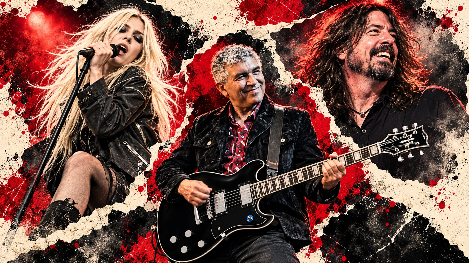 AI-assisted editorial illustration of Taylor Momsen, Dave Grohl and Pat Smear with his signature guitar; not a recording-session photograph.