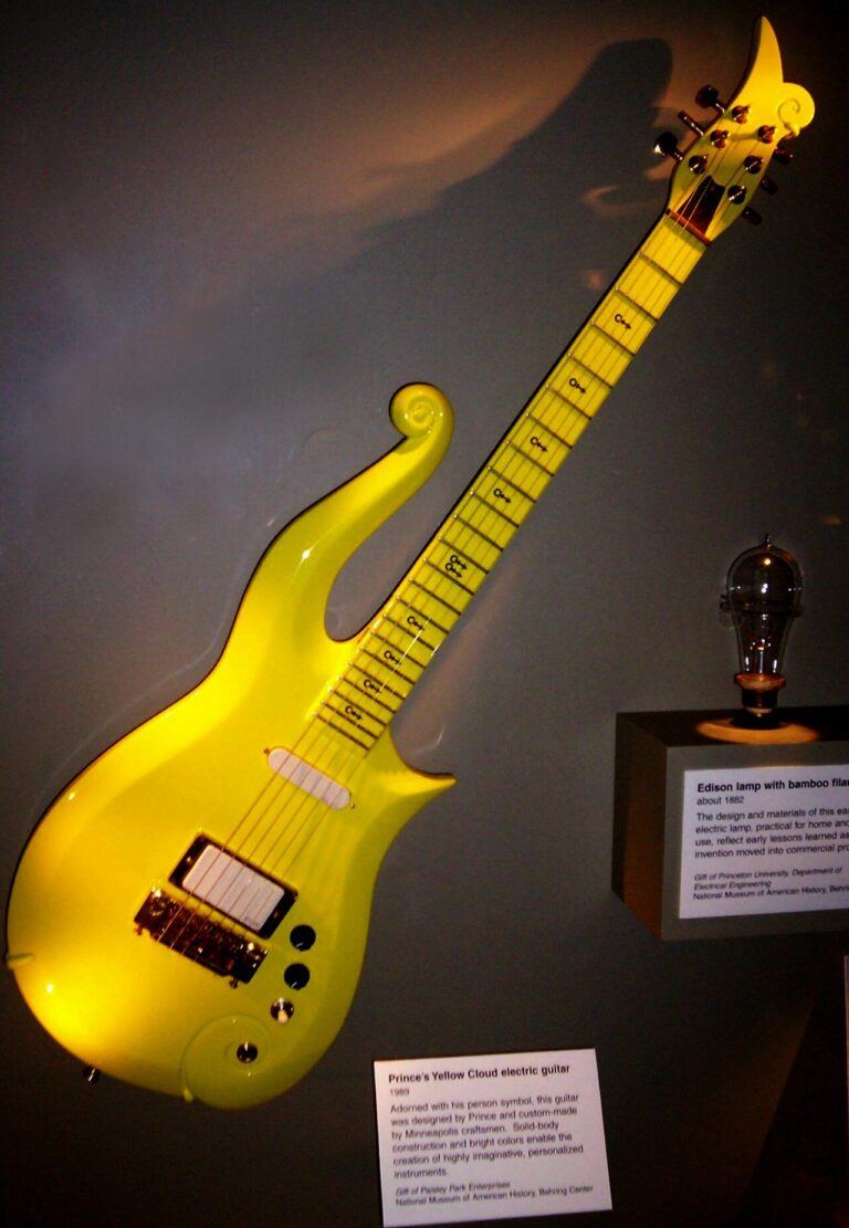 Prince's Yellow Cloud guitar on display.