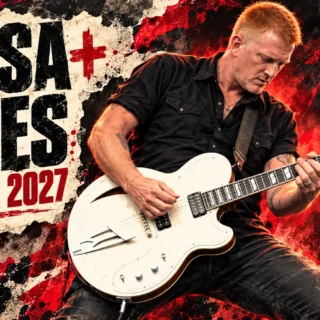 Editorial illustration of Josh Homme with a white guitar beside the QOTSA and Pixies US Tour 2027 headline.
