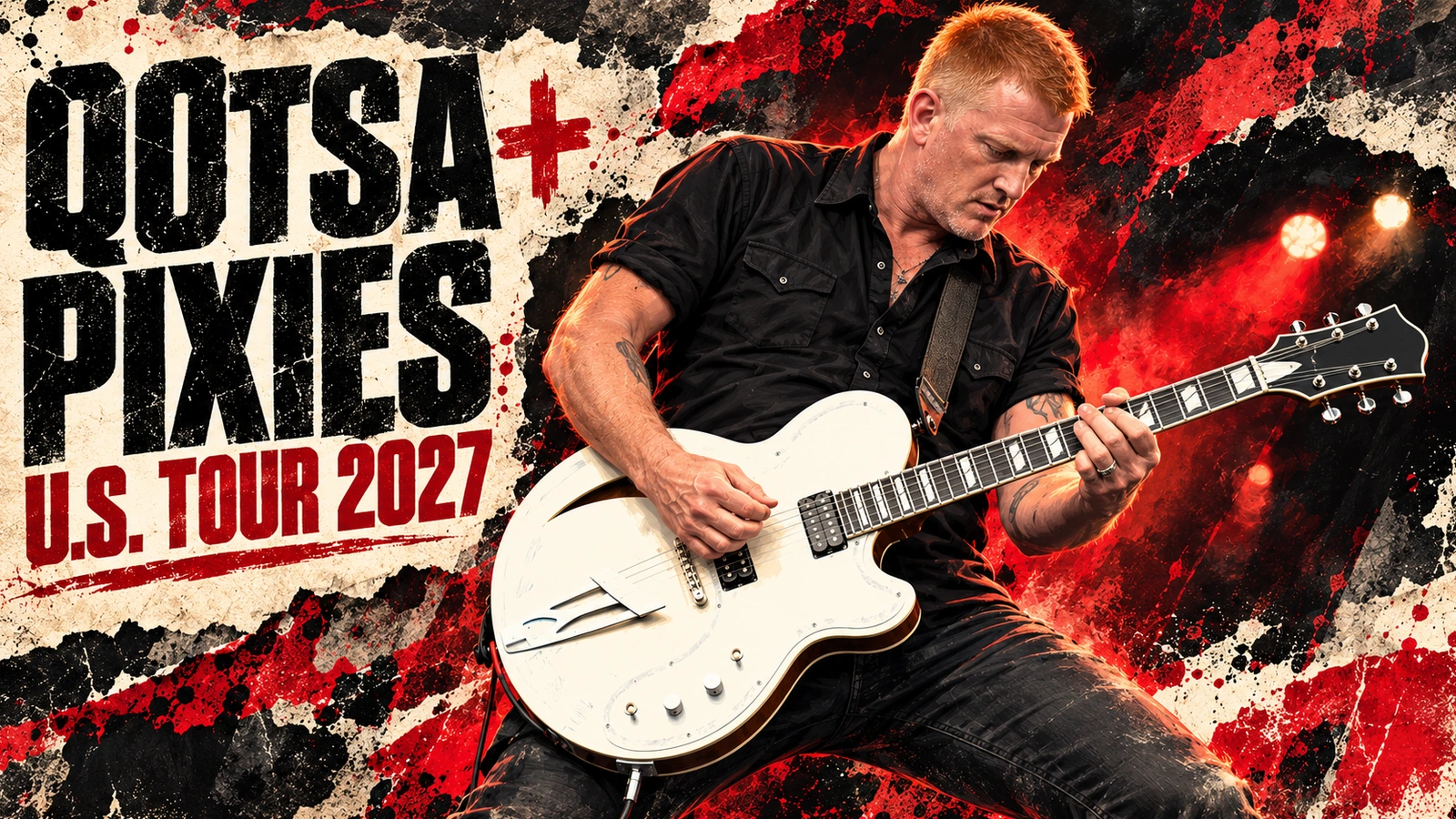 Editorial illustration of Josh Homme with a white guitar beside the QOTSA and Pixies US Tour 2027 headline.