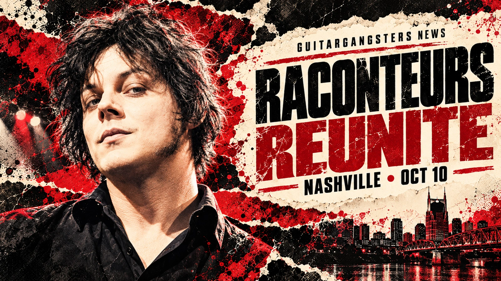 Editorial illustration of Jack White based on an archival portrait reference; not a photograph of the Nashville reunion.