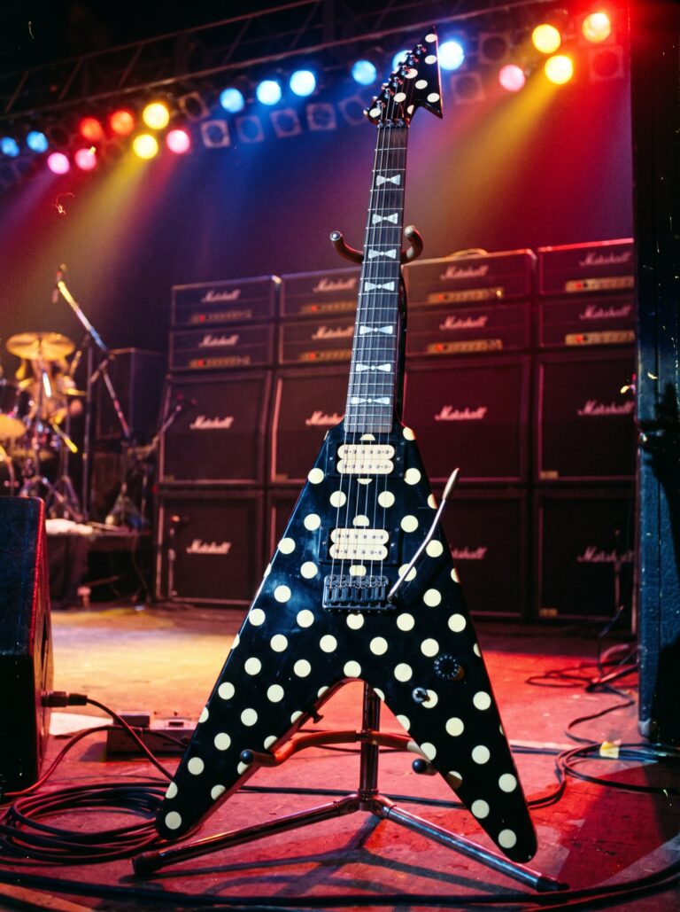 AI-generated reconstruction of Randy Rhoads' polka-dot V, based on reference photos; not a photograph.