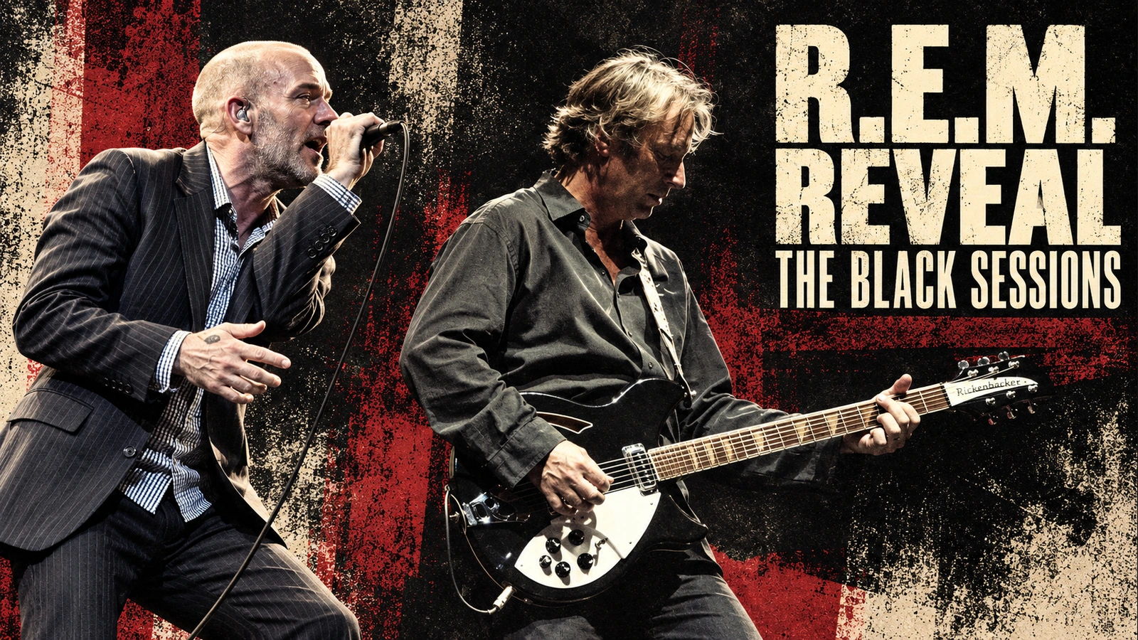 Editorial illustration of Michael Stipe singing beside Peter Buck playing his black Rickenbacker guitar, using 2008 references
