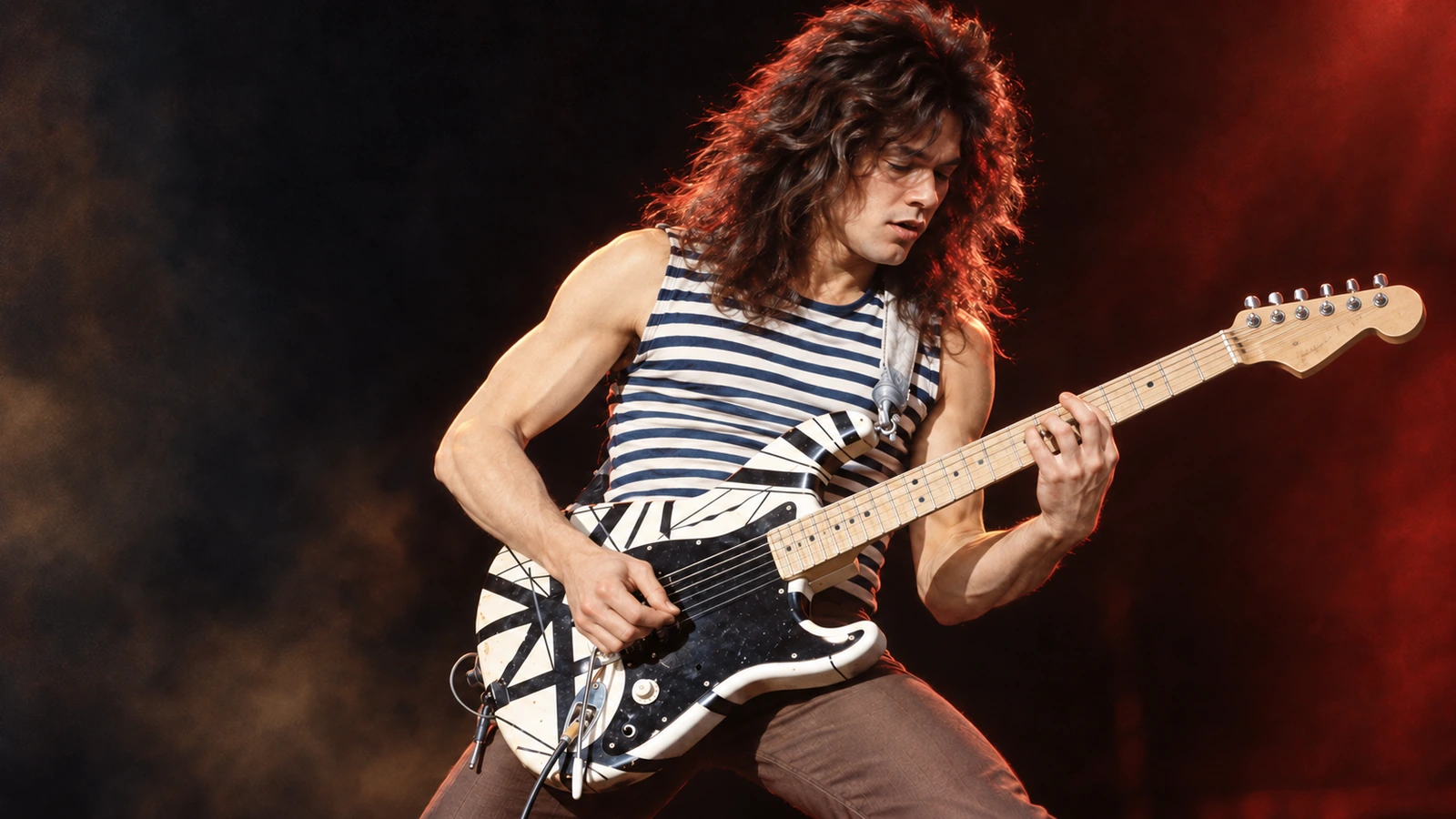 Original editorial illustration of Eddie Van Halen playing a black-and-white striped guitar.