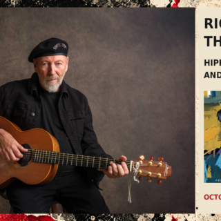 Richard Thompson holding a Lowden acoustic guitar, with the cover of Hippies, Thugs and Heroes.