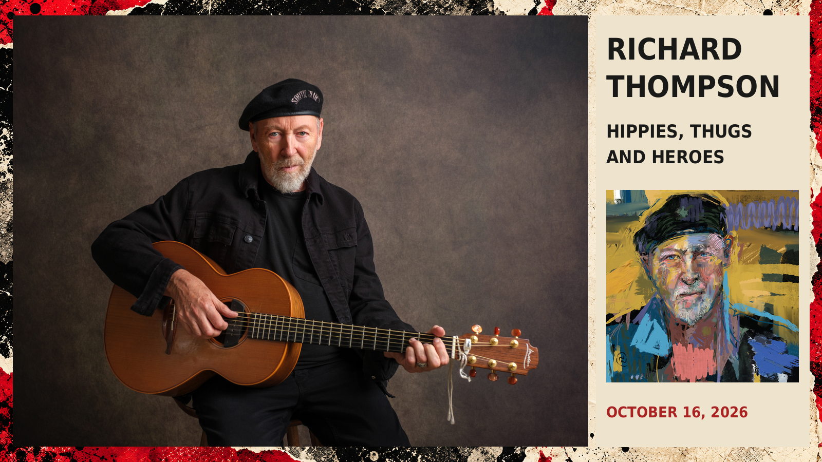 Richard Thompson holding a Lowden acoustic guitar, with the cover of Hippies, Thugs and Heroes.