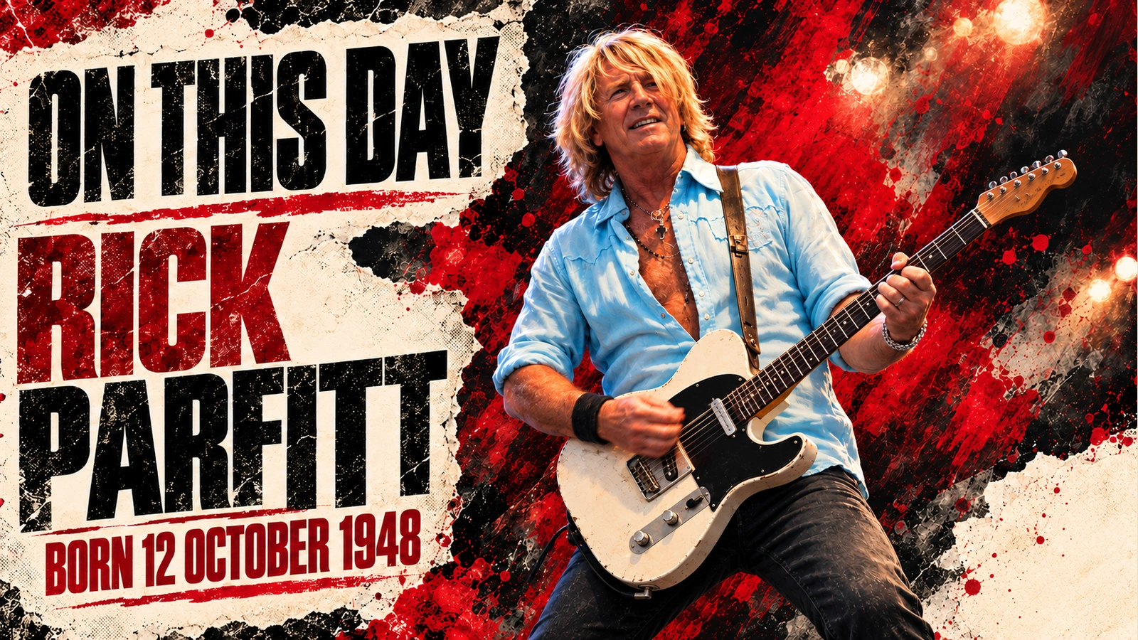 Editorial illustration of Rick Parfitt playing a white electric guitar, based on an archival reference.