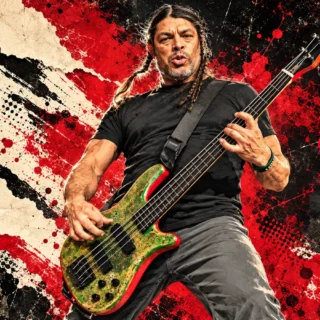 Editorial illustration of Robert Trujillo playing a green-and-red five-string Warwick bass.