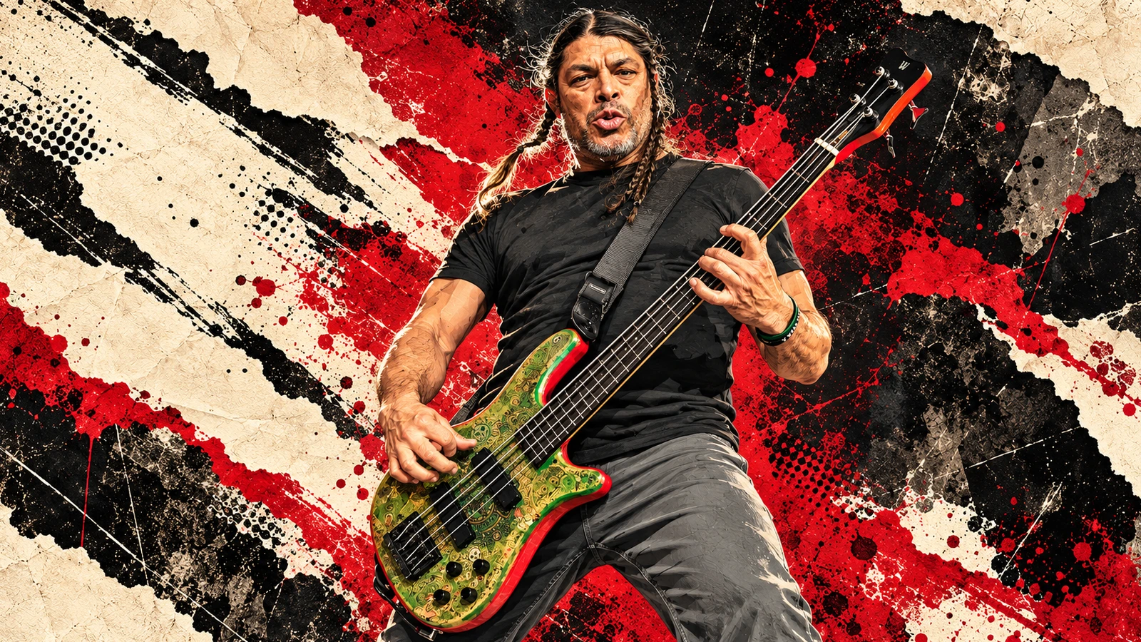 Editorial illustration of Robert Trujillo playing a green-and-red five-string Warwick bass.