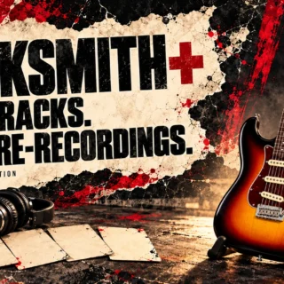 Editorial illustration of an electric guitar in a practice corner with four blank song cards, accompanying the Rocksmith+ update.