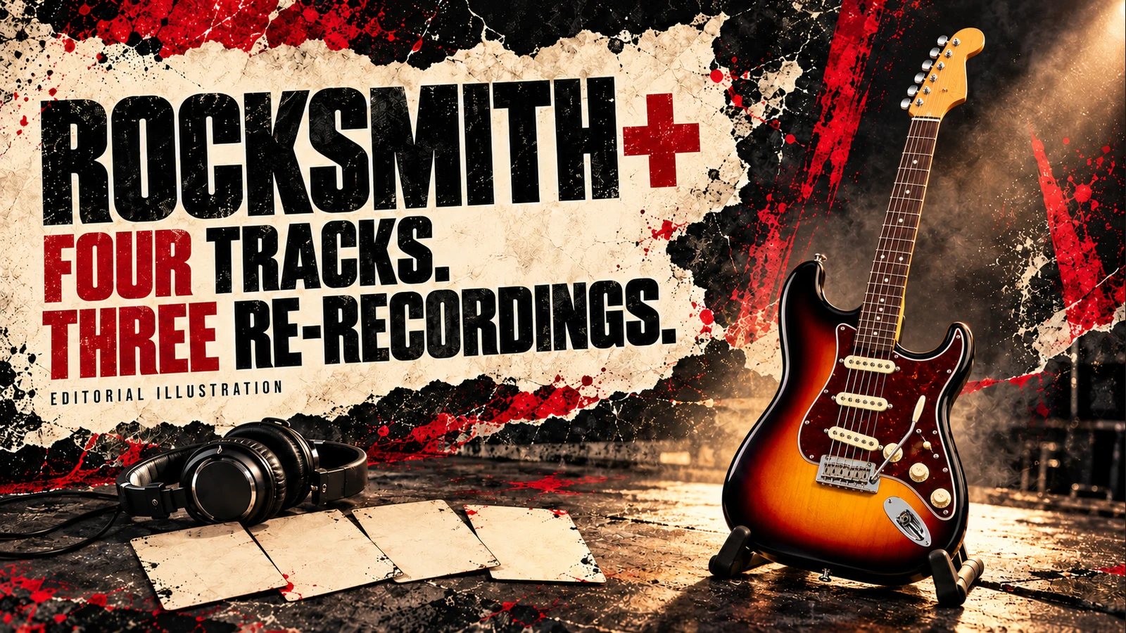 Editorial illustration of an electric guitar in a practice corner with four blank song cards, accompanying the Rocksmith+ update.