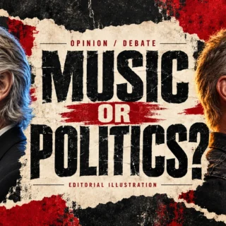 Editorial illustration of Roger Waters and James Hetfield beside the question Music or Politics