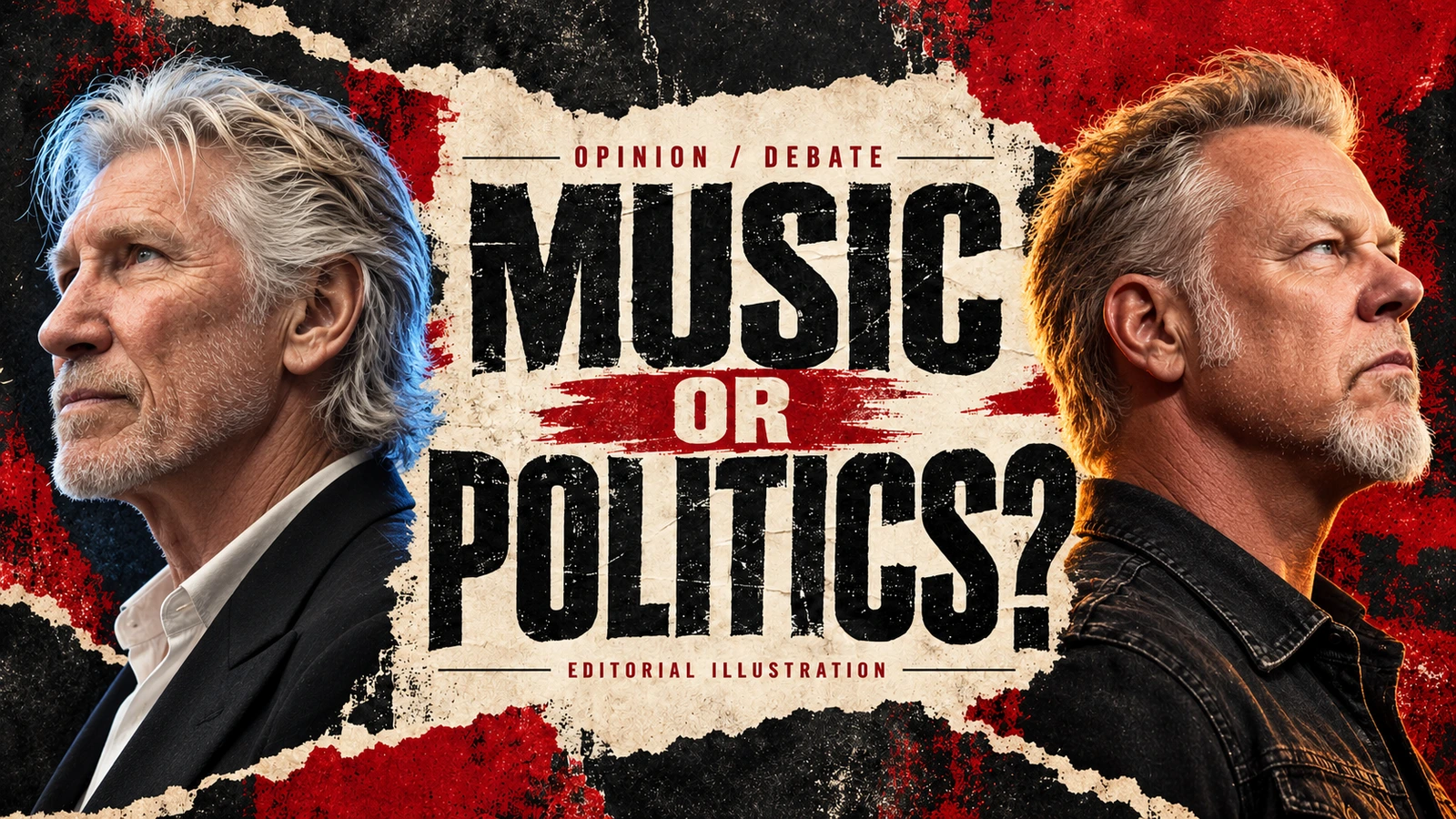 Editorial illustration of Roger Waters and James Hetfield beside the question Music or Politics