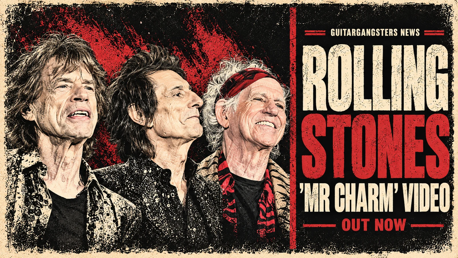Editorial illustration of Mick Jagger, Ronnie Wood and Keith Richards with a Mr Charm video headline