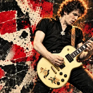 Original editorial illustration of 1977-era Steve Jones playing an ivory Les Paul Custom.