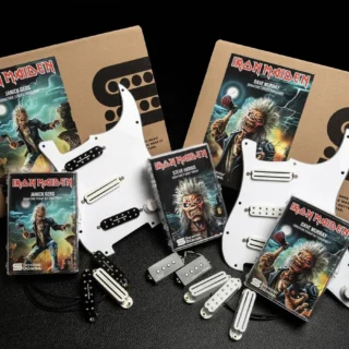 Seymour Duncan Iron Maiden pickup collection with Janick Gers sets and loaded pickguard in illustrated packaging.