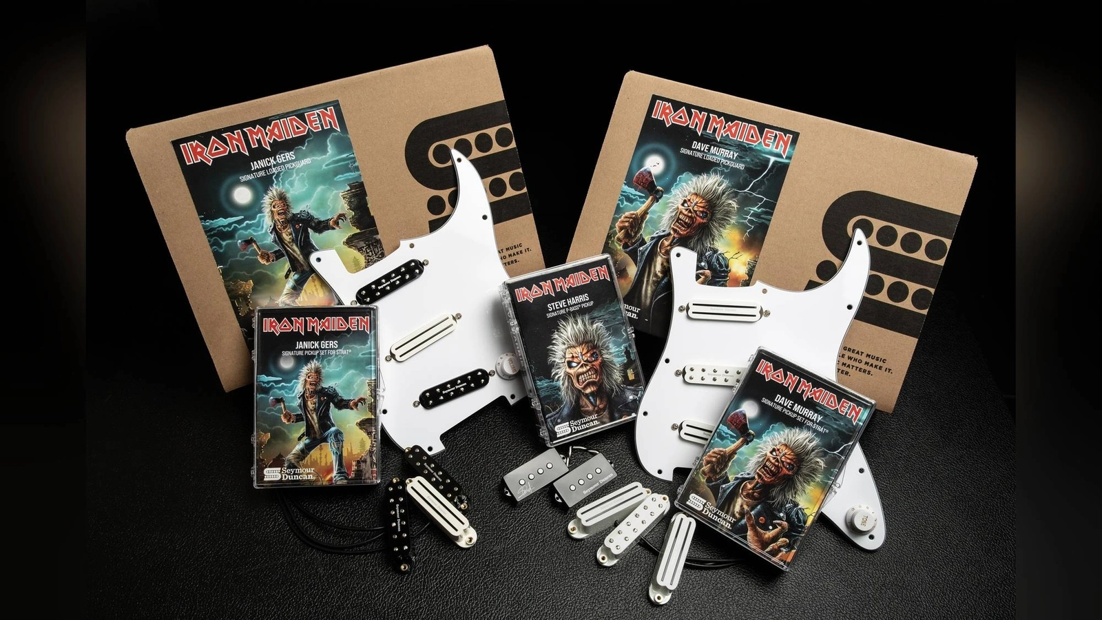 Seymour Duncan Iron Maiden pickup collection with Janick Gers sets and loaded pickguard in illustrated packaging.