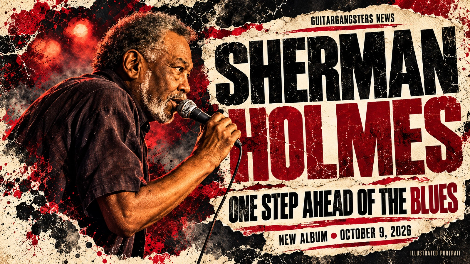 Editorial illustration of Sherman Holmes singing into a microphone, based on a 2017 photograph.