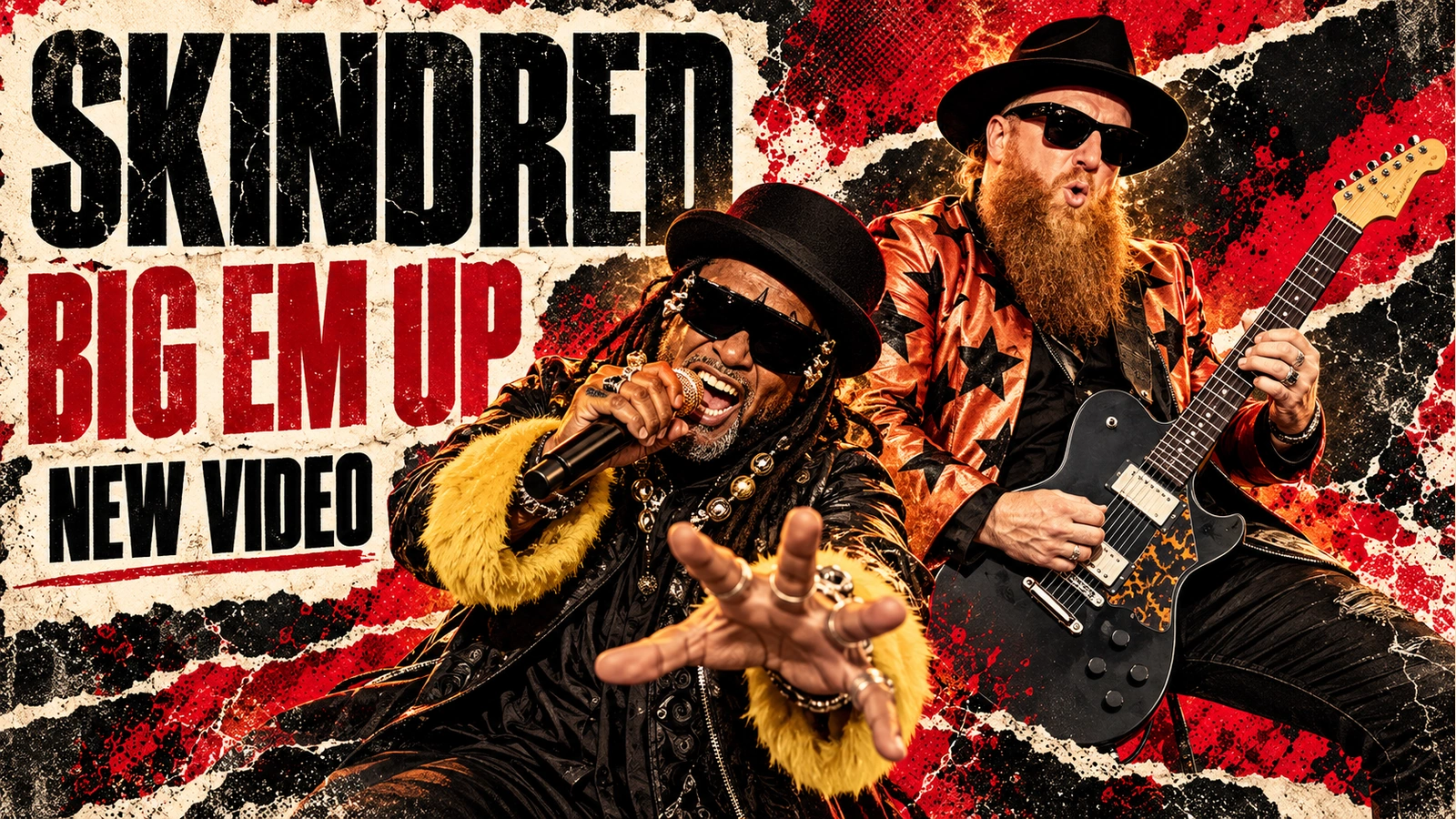 Editorial illustration of Benji Webbe singing and Mikey Demus holding a black electric guitar, with Big Em Up new video text.
