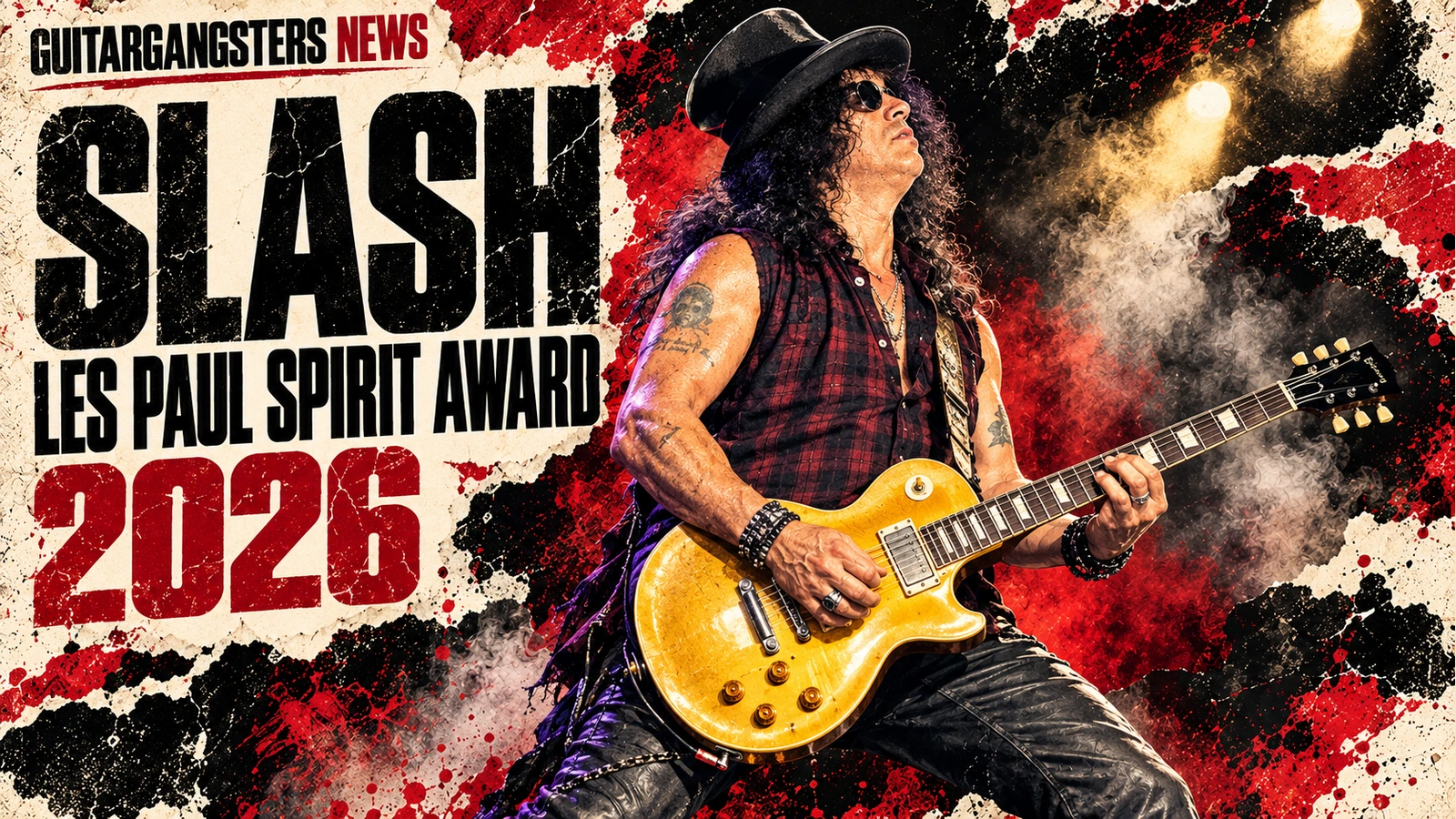 Editorial illustration of Slash with his documented Les Paul for the 2026 Les Paul Spirit Award