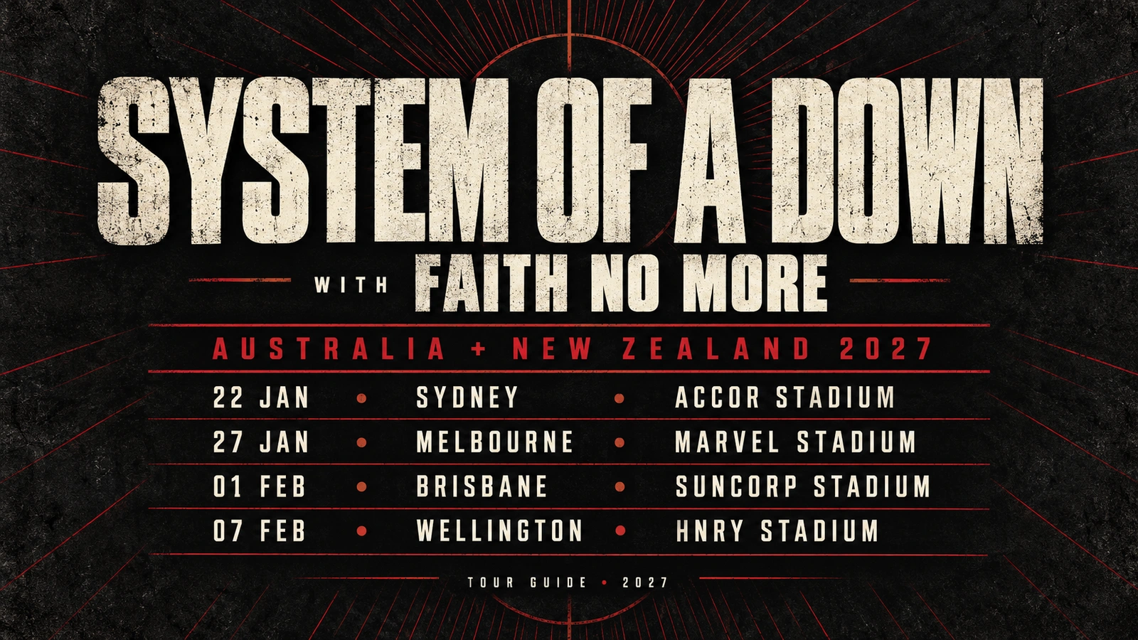Tour-date graphic listing Sydney on January 22, Melbourne on January 27, Brisbane on February 1 and Wellington on February 7, 2027.