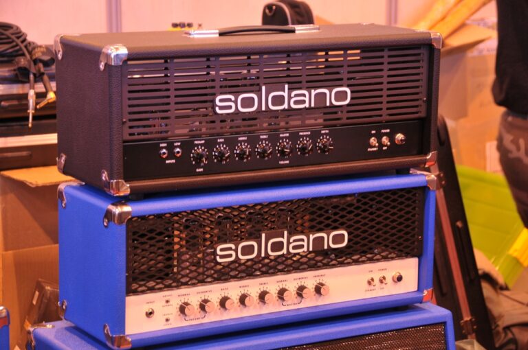 Blue Soldano SLO-100 head (lower) beneath a Soldano Avenger.