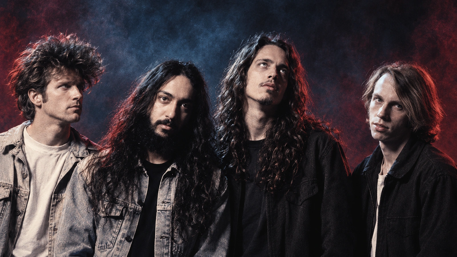 Original editorial illustration of Soundgarden's four members in the Badmotorfinger era.