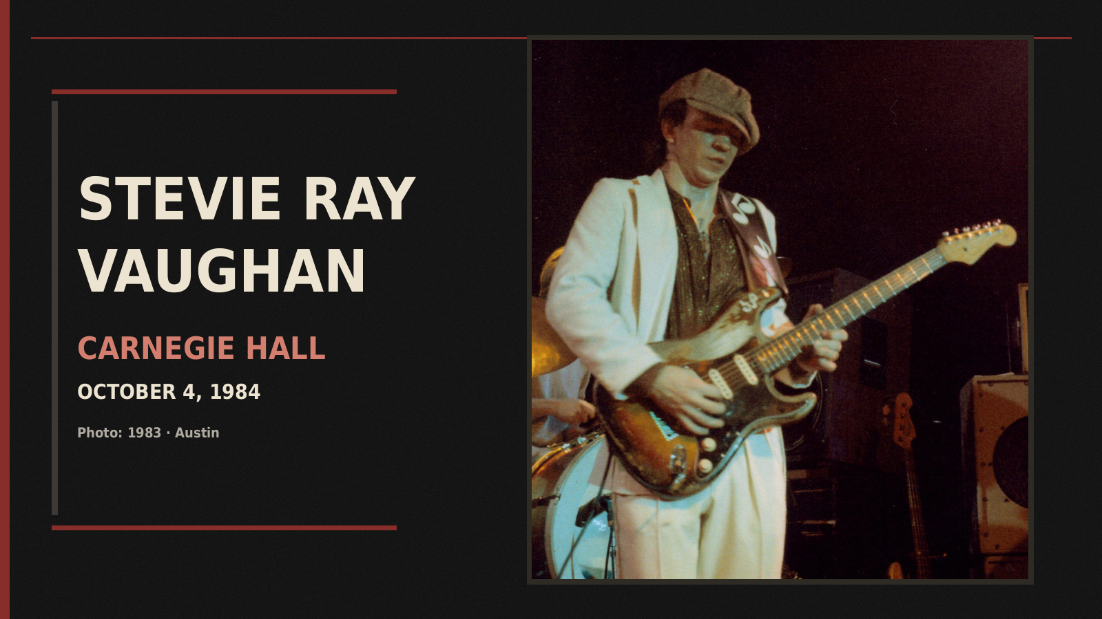 Editorial photo layout. Vaughan with Number One in Austin, 1983; not the Carnegie Hall concert. Photo: Bob Bissett (Bbadventure), CC BY-SA 4.0. Cropped and resized; adapted layout under the same license, excluding the separate GG brand mark.