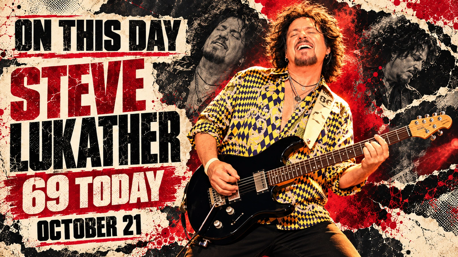 Illustration of Steve Lukather playing a black Music Man Luke III guitar, marking his 69th birthday on October 21.