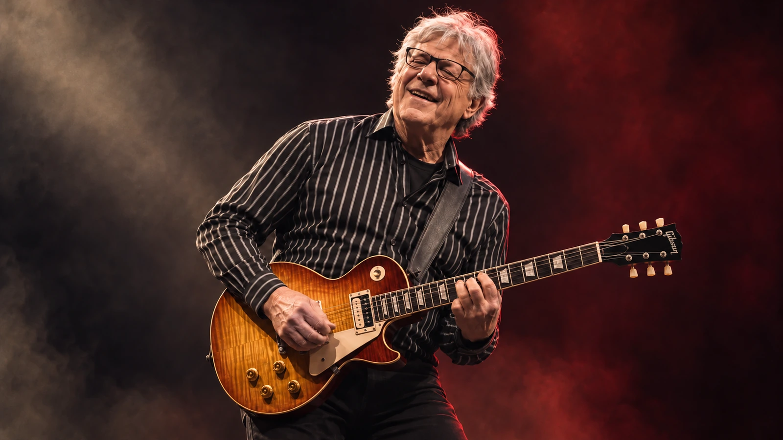 Editorial illustration of Steve Miller playing a sunburst Les Paul guitar.