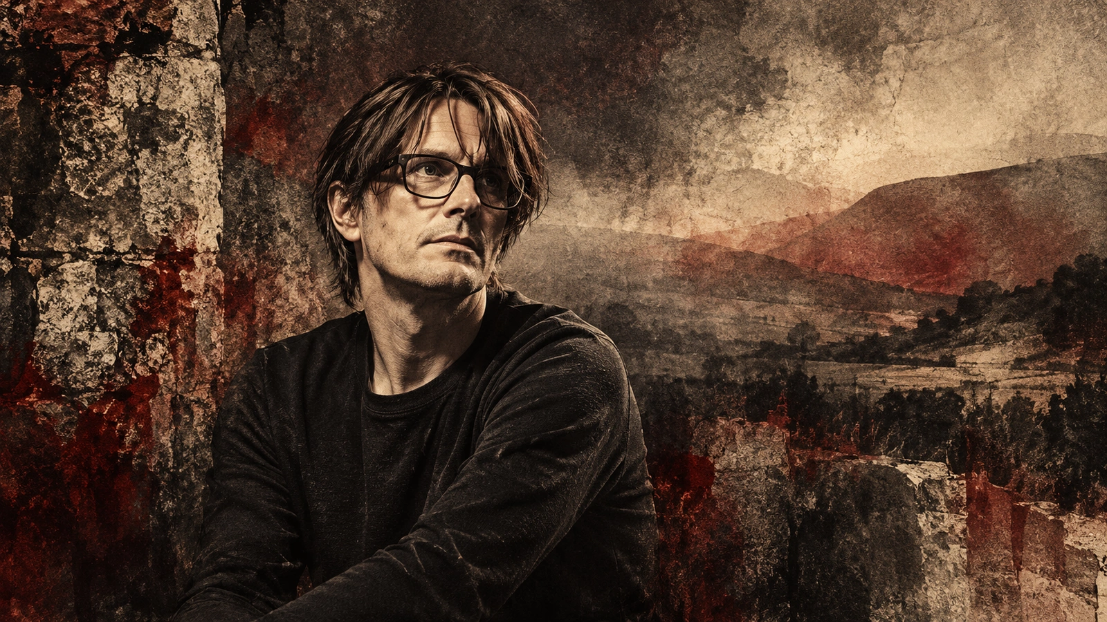 Original editorial illustration of Steven Wilson with glasses against an abstract rural background