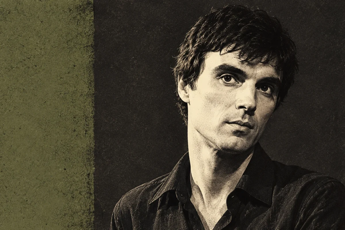 Editorial portrait illustration of David Byrne in his late-1970s appearance for the Fear of Music reissue announcement